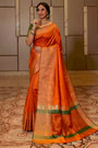 Rust Orange Raw Silk Saree With Temple Design Border
