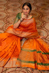 Rust Orange Raw Silk Saree With Temple Design Border