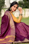 Wine Raw Silk Saree With Temple Design Border