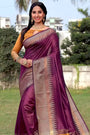 Wine Raw Silk Saree With Temple Design Border