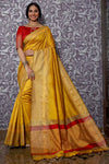 Yellow Raw Silk Saree With Temple Design Border