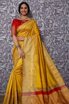 Yellow Raw Silk Saree With Temple Design Border