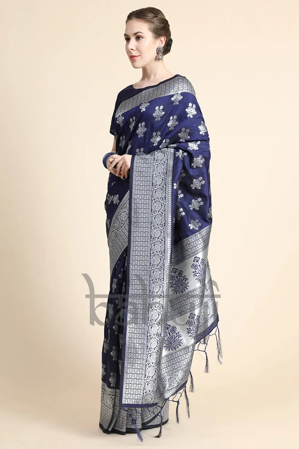 Indigo Blue Soft Blender Silk Weaving Silver Zari Weaving Saree