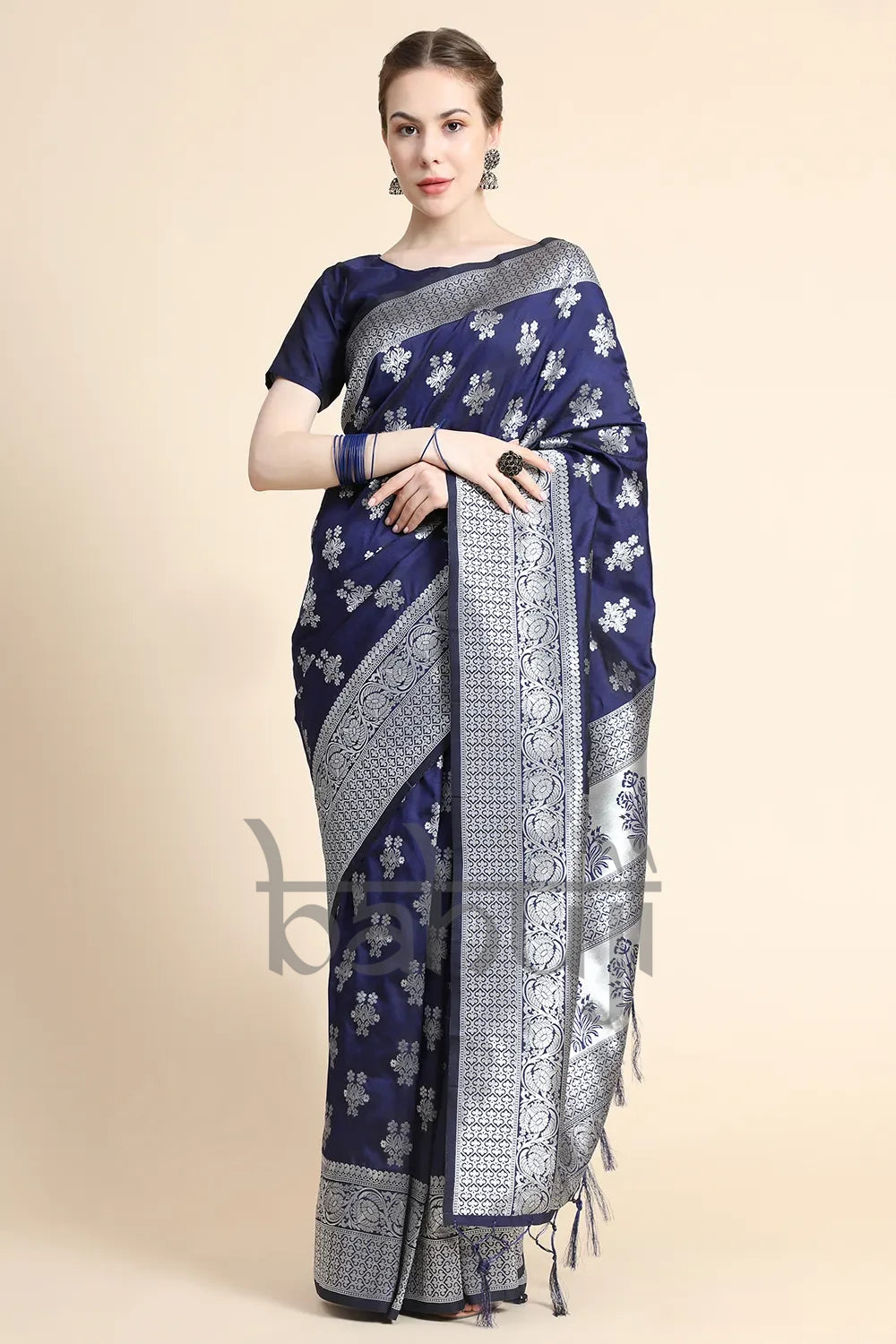 Indigo Blue Soft Blender Silk Weaving Silver Zari Weaving Saree