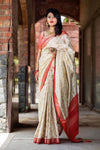 Creamy Off-white and Red Zari Border Silk Saree With Blouse