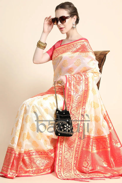 Off-White &amp; Red Silk Saree With Zari Weaving Work