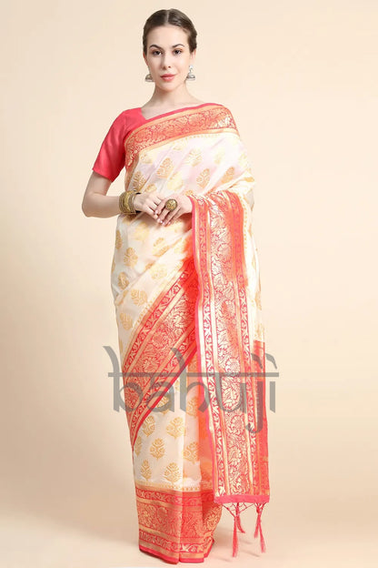 Off-White &amp; Red Silk Saree With Zari Weaving Work