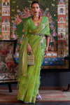 Parrot Green Organza Silk Saree With Handloom Weaving Work