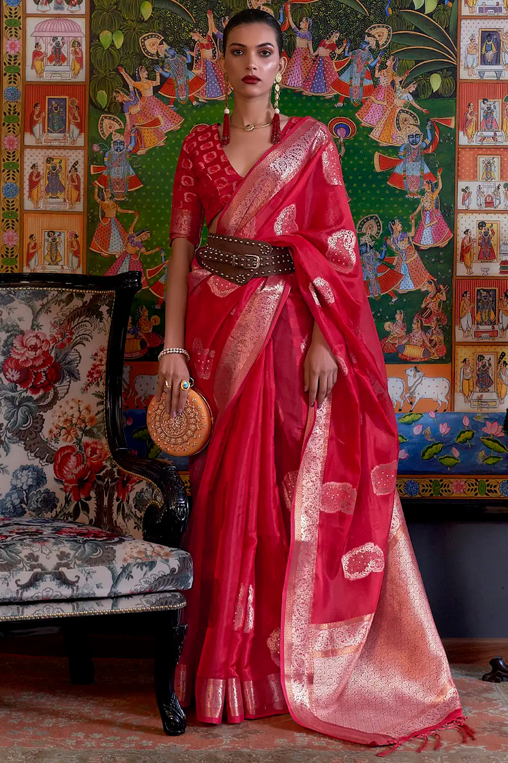 Pink Organza Silk Saree With Handloom Weaving Work