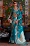 Blue Organza Silk Saree With Handloom Weaving Work