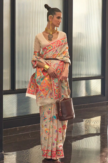 Creamy Kashmiri Modal Handloom Silk Weaving Saree