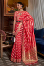 Red Organza Silk Saree With Meenakari Weaving Work