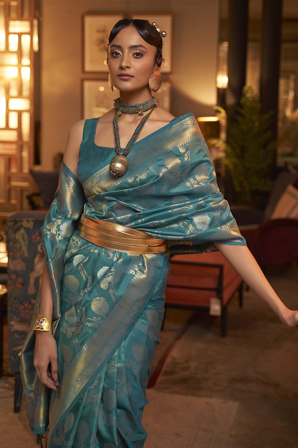 Teal Blue Handloom Silk Saree With Zari weaving