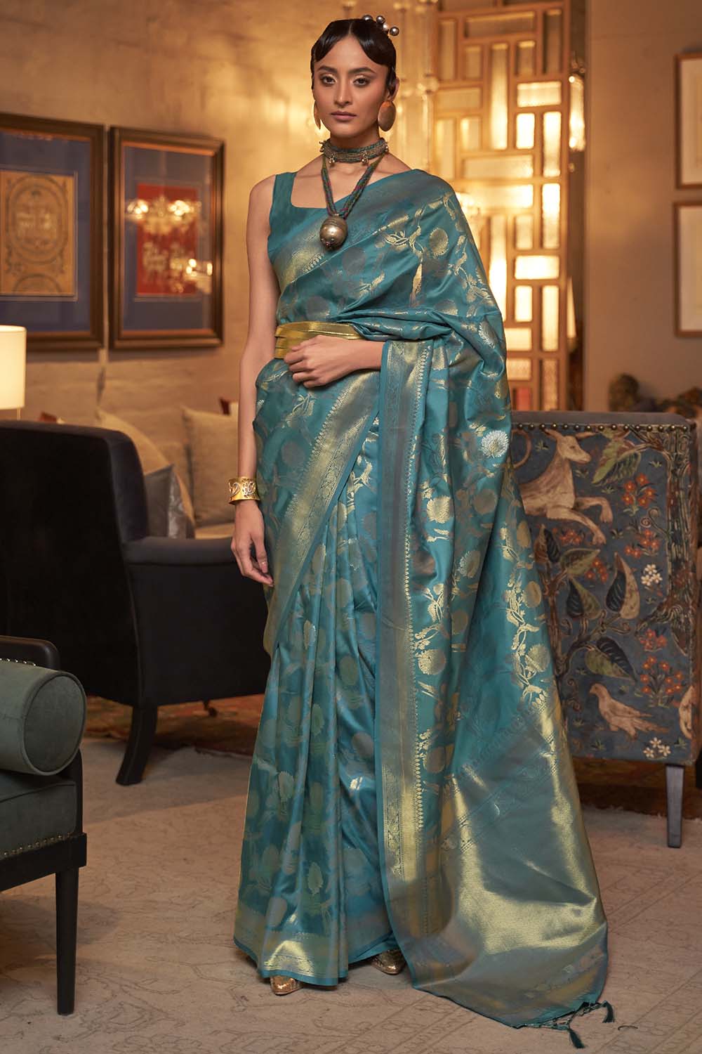 Teal Blue Handloom Silk Saree With Zari weaving