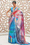 Cyan Blue Silk Saree With Digital Printed Work