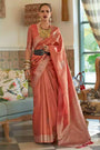 Peach Satin Tissue Nylon Handloom Weaving Saree