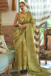 Leaf Green Satin Tissue Nylon Handloom Weaving Saree
