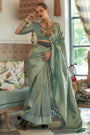 Pistachio Green Satin Tissue Nylon Handloom Weaving Saree