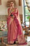 Pecher Pink Satin Tissue Nylon Handloom Weaving Saree