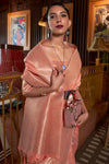 Peach Tessar Silk Saree With Handloom Weaving