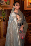 Gray Tessar Silk Saree With Handloom Weaving