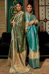 Sky Blue & Beige Silk Saree With Handloom Weaving Work