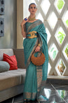 Teal Blue Silk Saree With Handloom Weaving Work