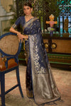 Blue Pure Satin Handloom Silk Saree With Weaving Work
