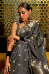 Grey Pure Satin Handloom Silk Saree With Weaving Work