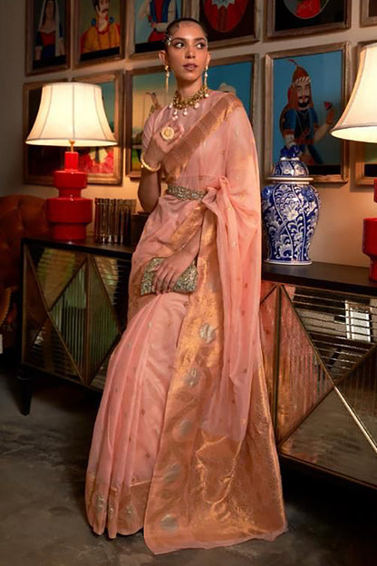 Stylish Blush Pink Colour Handloom Zari Weaving Saree