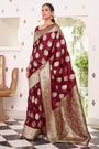 Beautiful Wine Pure Satin Saree With Weaving