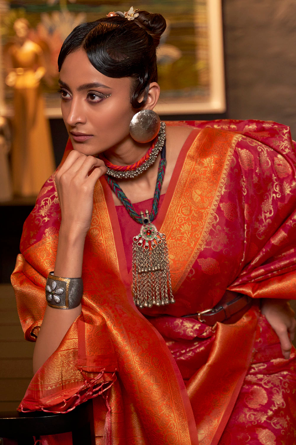 Red &amp; Orange Silk Handloom Weaving Saree