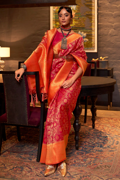 Red &amp; Orange Silk Handloom Weaving Saree