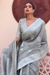 Grey Linen Saree With Zari Weaving