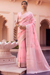 Blush Pink Linen Saree With Zari Weaving