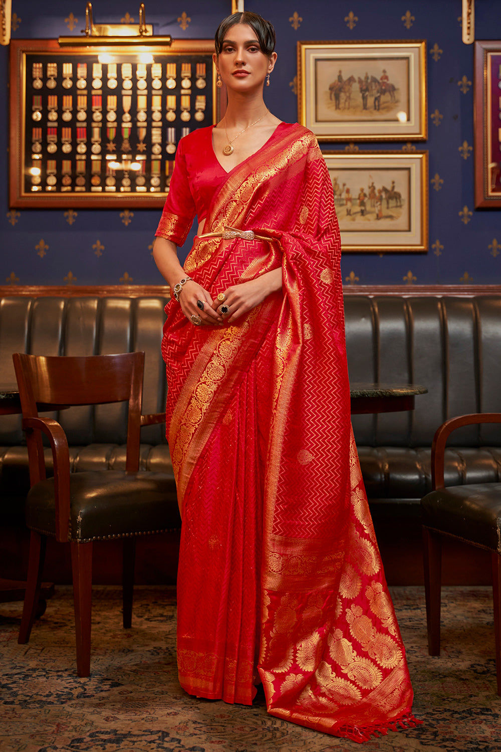 Stylish Red Colour Pure Satin Weaving Silk Saree