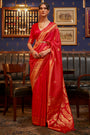 Stylish Red Colour Pure Satin Weaving Silk Saree