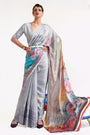 Beautiful Light Grey Floral Satin Crepe Saree