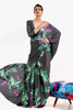 Beautiful Lead Black Floral Satin Crepe Saree