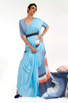Beautiful Arctic Blue Floral Satin Crepe Saree