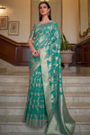 Seafoam Green Organza Handloom Saree With Zari Weaving