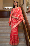 Red Organza Handloom Saree With Zari Weaving