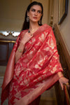 Red Organza Handloom Saree With Zari Weaving