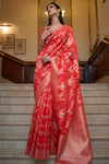Red Organza Handloom Saree With Zari Weaving