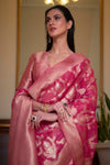 Pink Organza Handloom Saree With Zari Weaving