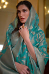 Turquoise Organza Handloom Saree With Zari Weaving