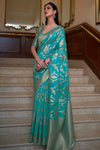 Turquoise Organza Handloom Saree With Zari Weaving