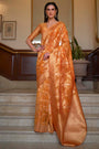 Orange Organza Handloom Saree With Zari Weaving