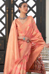 Peach Handloom Lehariya Organza Saree With Zari Weaving