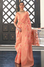 Peach Handloom Lehariya Organza Saree With Zari Weaving